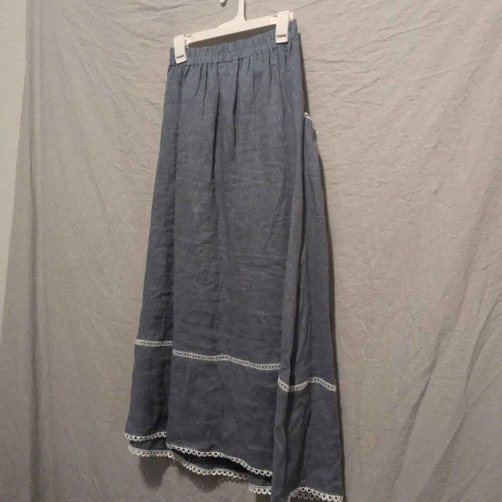 Lintico Fenla Linen Skirt Small Womens Haze Blue Lace Trim Pocket Cottagecore